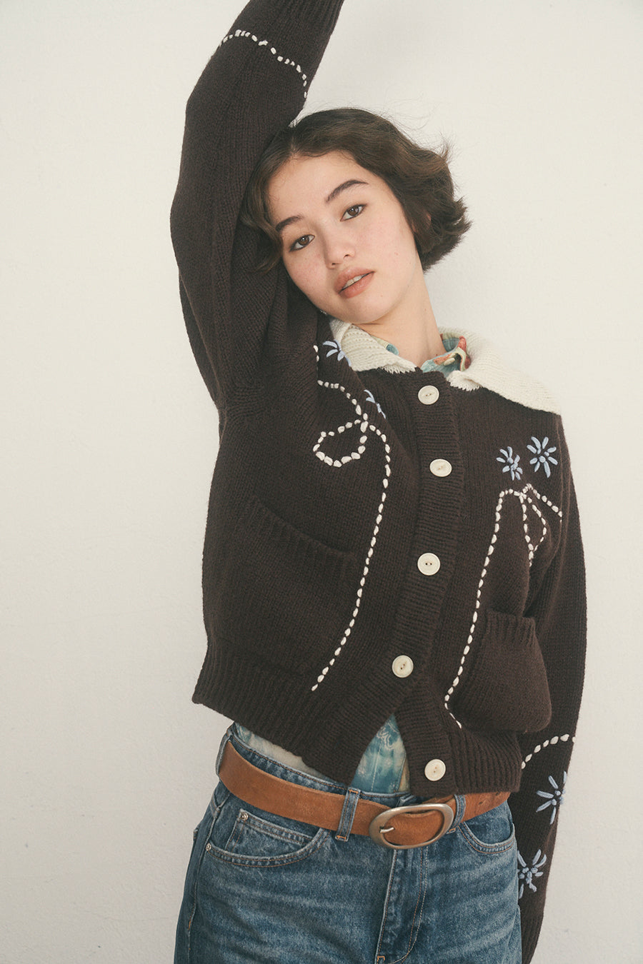 Wendy Hand Embroidery Cardigan [Deep Brown]