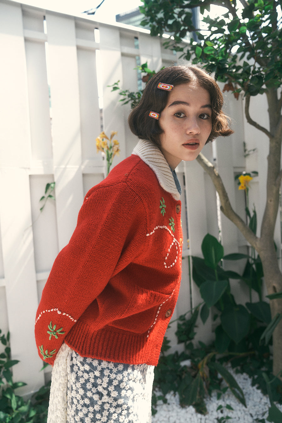 Wendy Hand Embroidery Cardigan [Tomato Red]