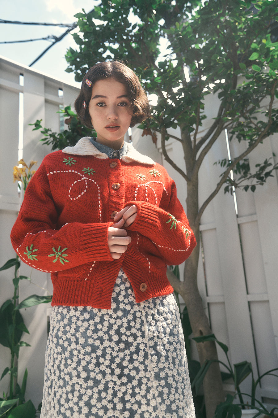 Wendy Hand Embroidery Cardigan [Tomato Red]