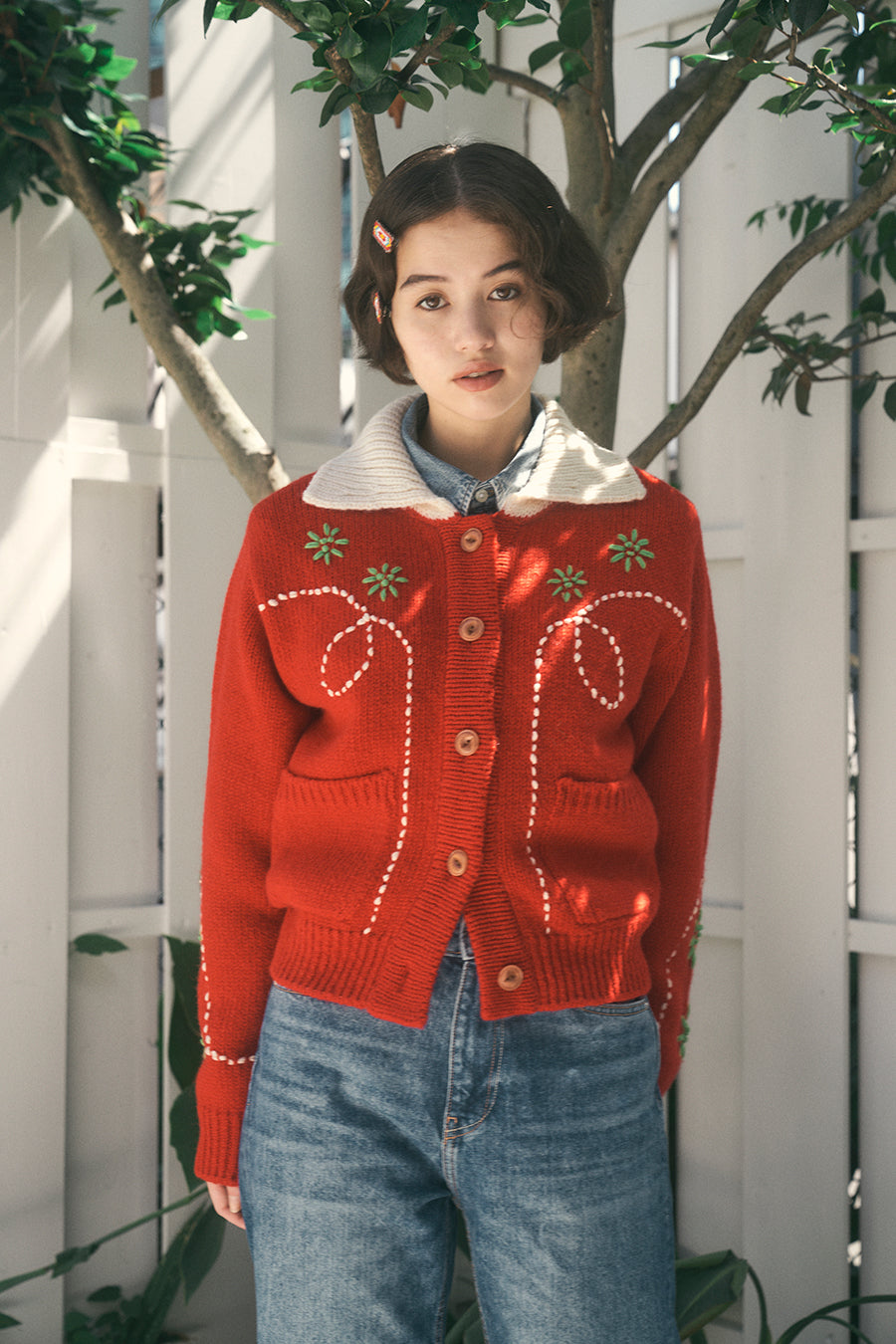 Wendy Hand Embroidery Cardigan [Tomato Red]