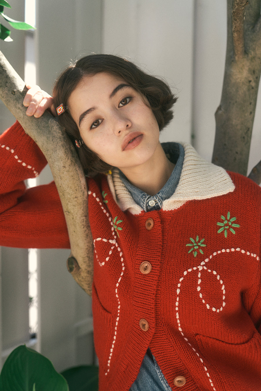Wendy Hand Embroidery Cardigan [Tomato Red]