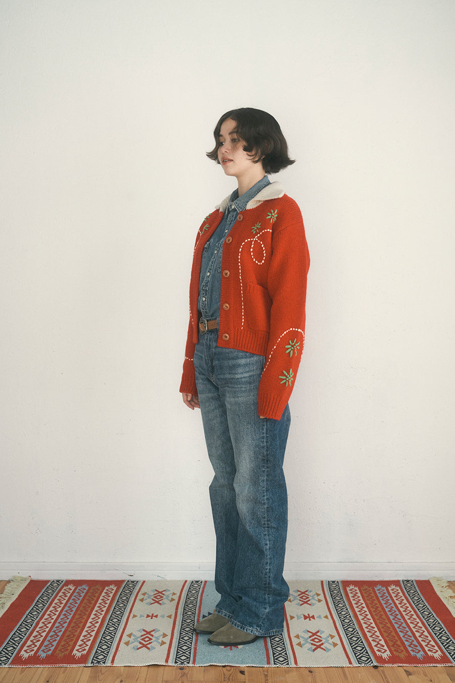 Wendy Hand Embroidery Cardigan [Tomato Red]