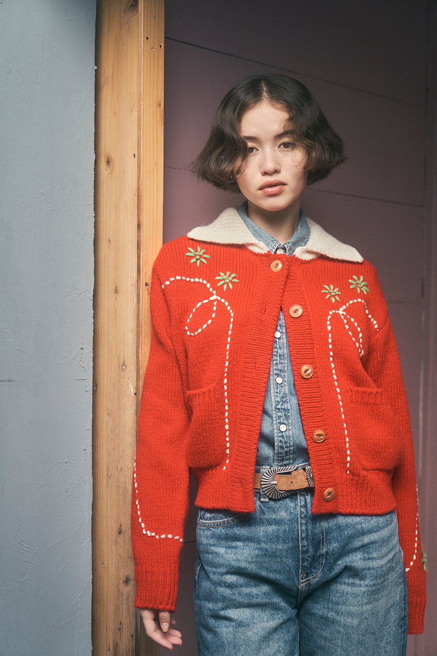 Wendy Hand Embroidery Cardigan [Tomato Red]