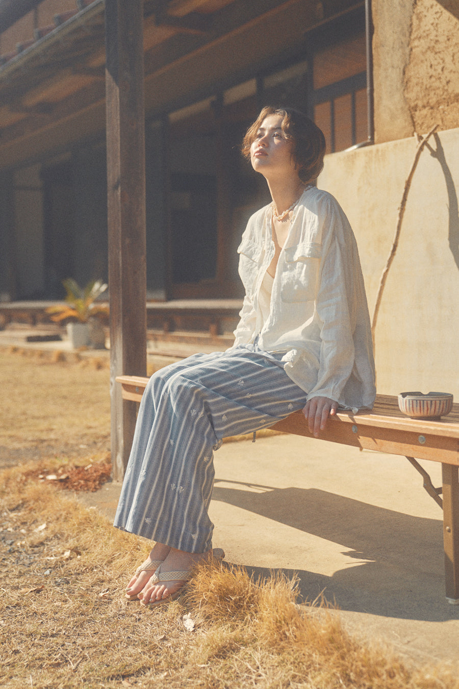 Linen Wrapped Neck Blouse [White]