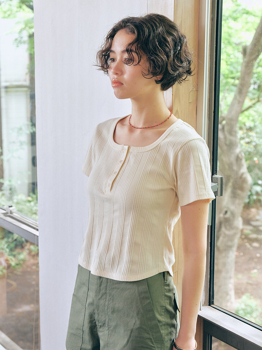 Square Henley-neck T-Shirt [Ivory]