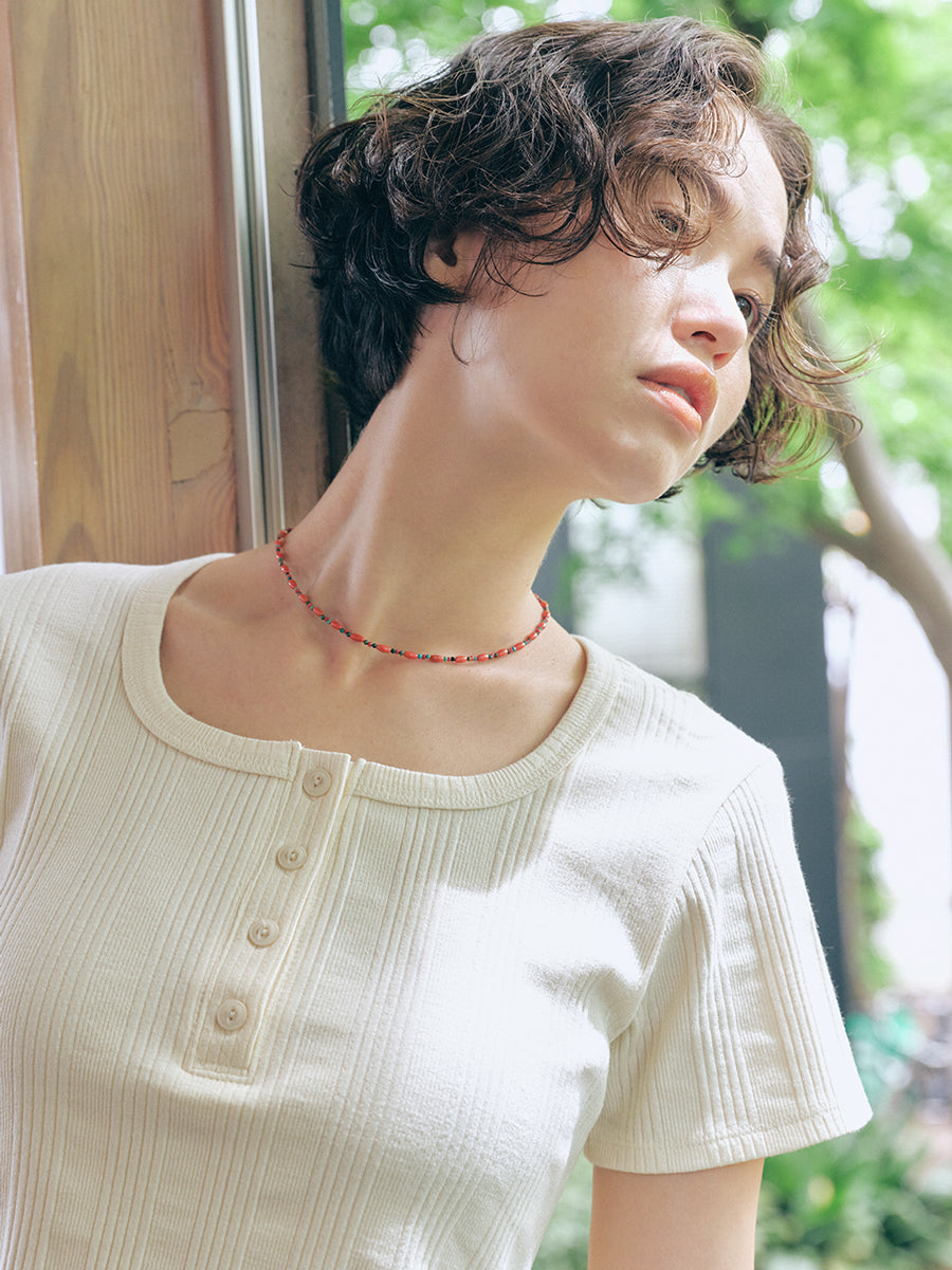 Square Henley-neck T-Shirt [Ivory]