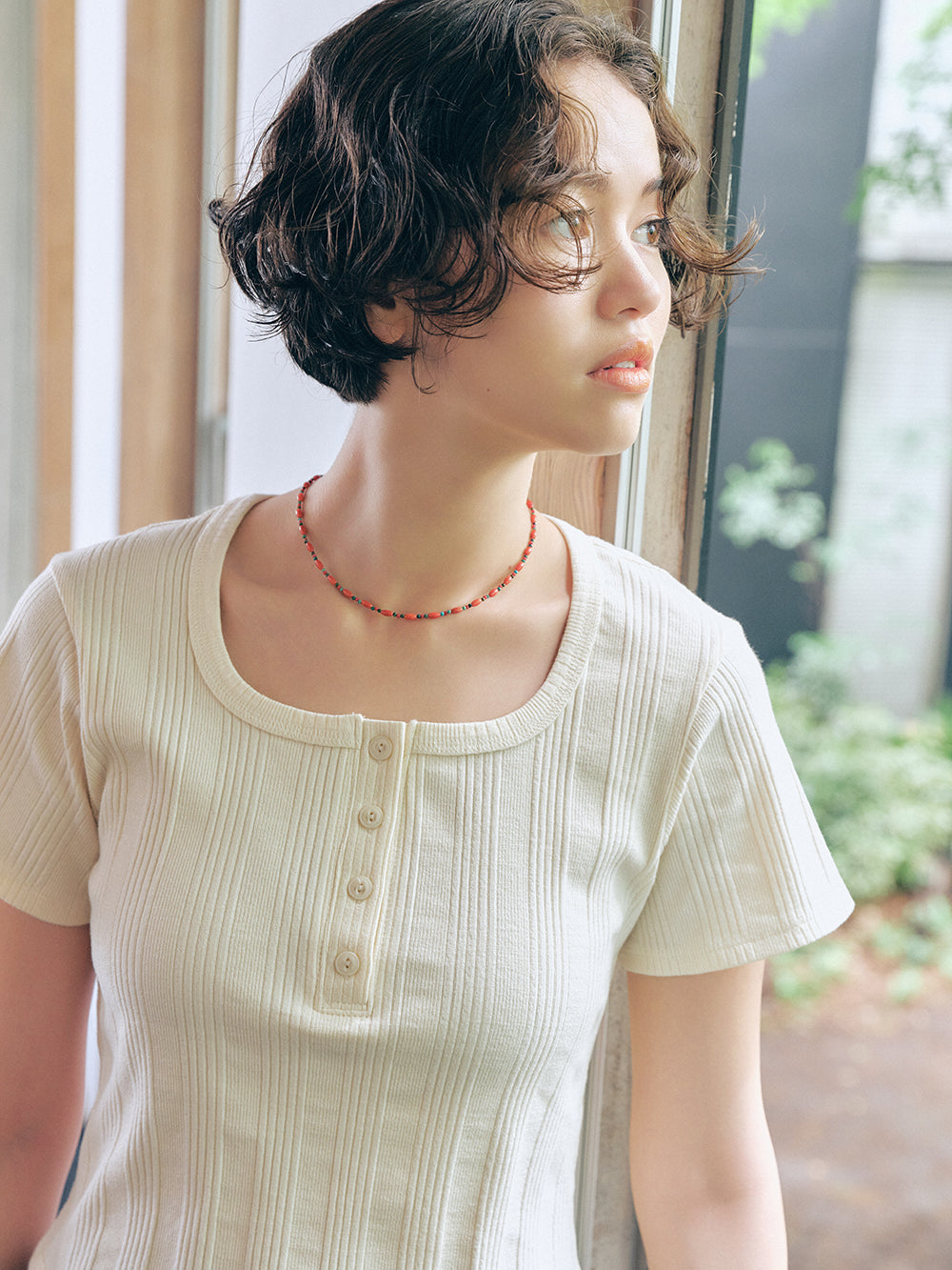 Square Henley-neck T-Shirt [Ivory]