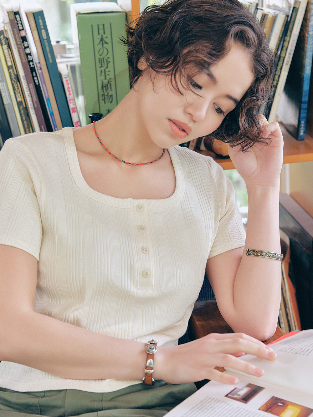 Square Henley-neck T-Shirt [Ivory]