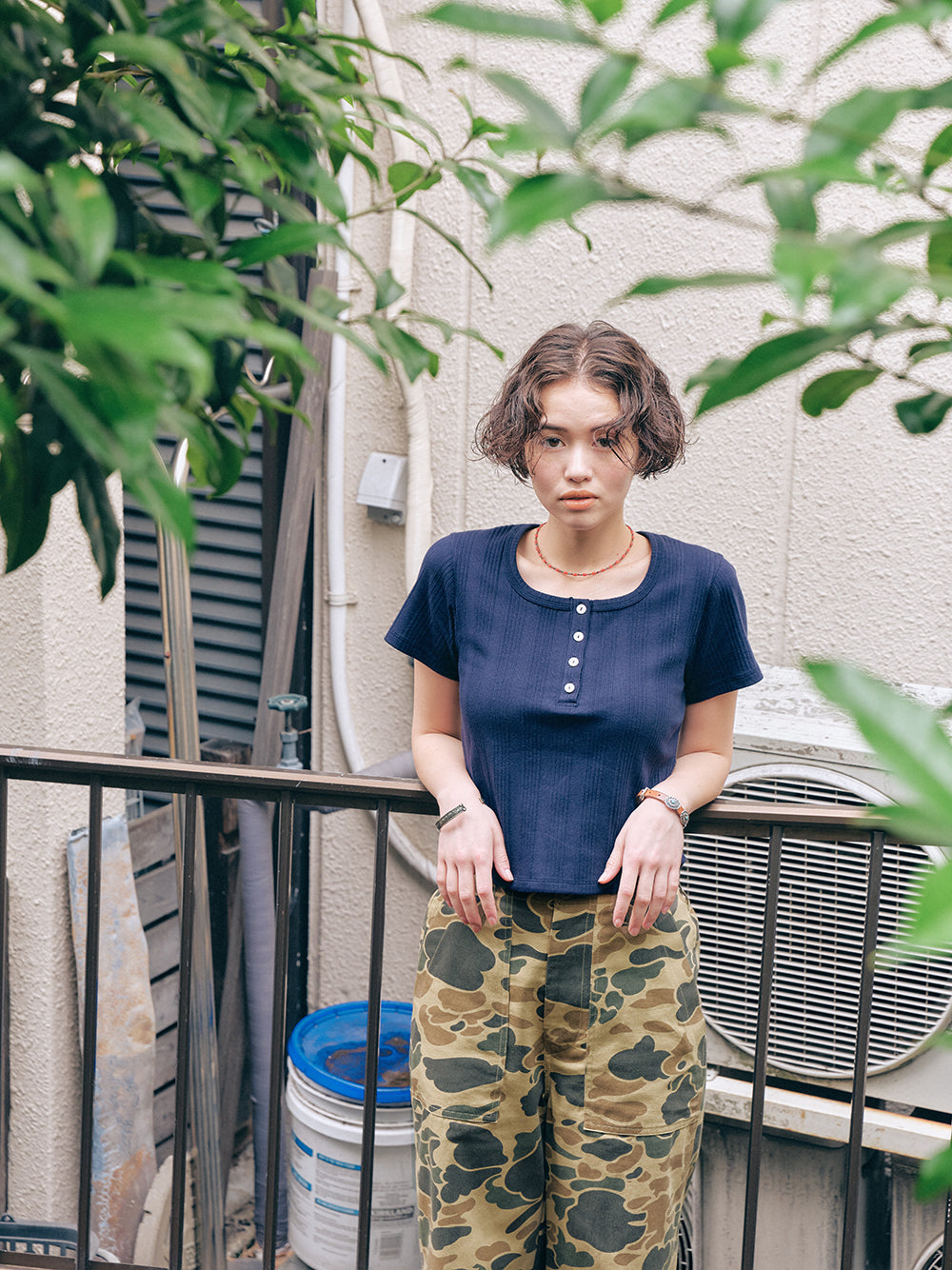 Square Henley-neck T-Shirt [Navy]