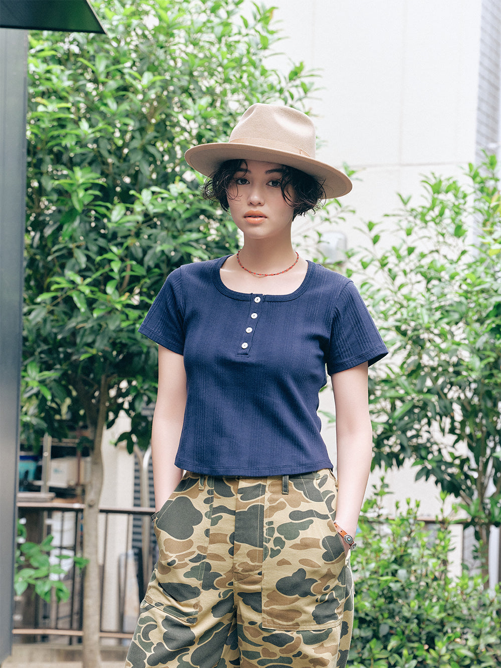 Square Henley-neck T-Shirt [Navy]