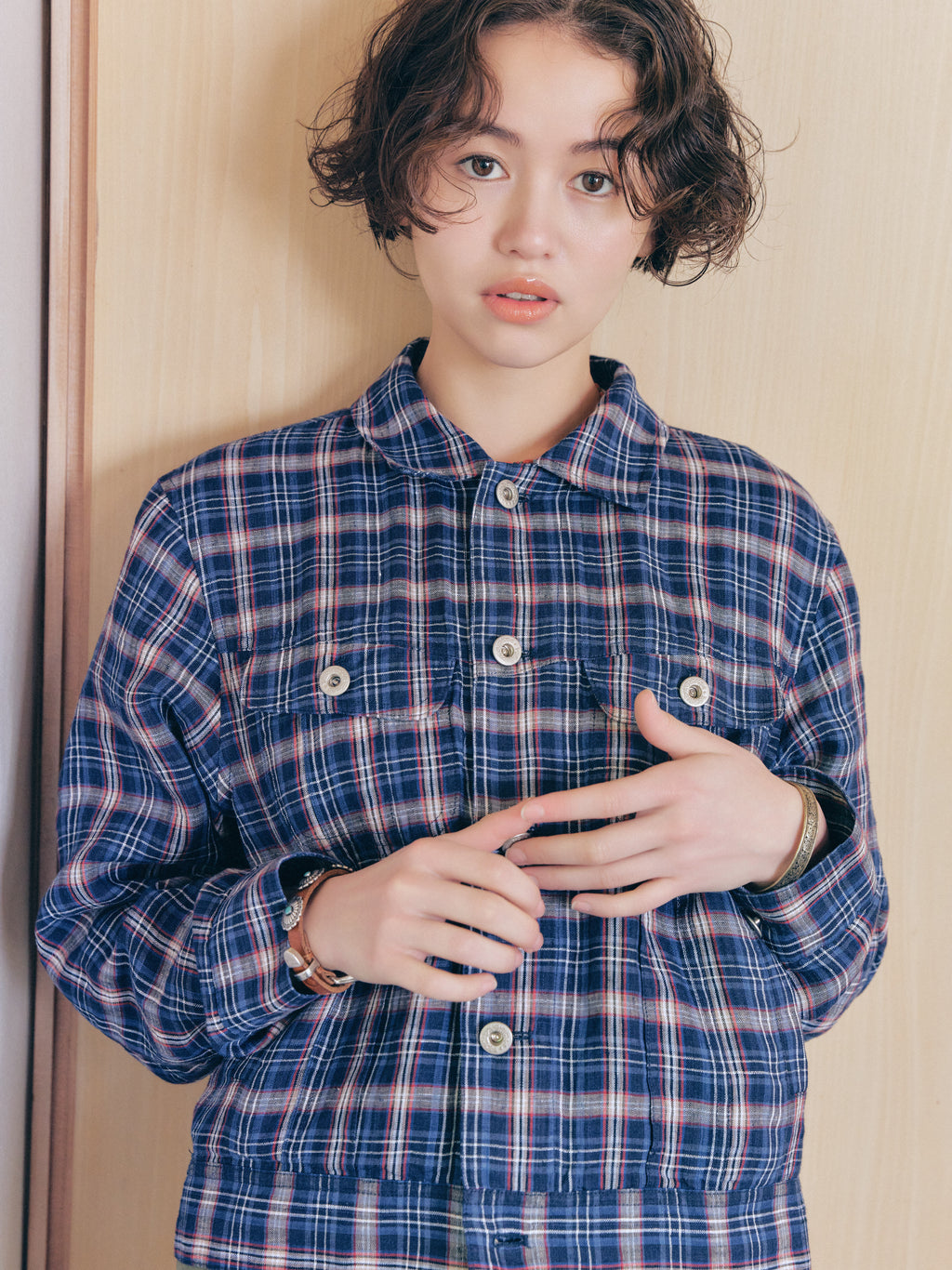 Linen Check Trucker Jacket [Blue]