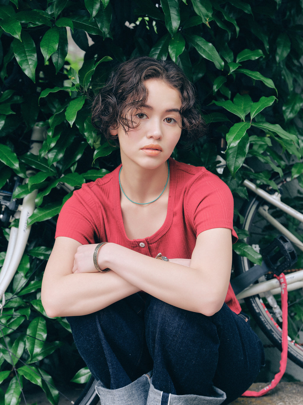Square Henley-neck T-Shirt [Vintage red]