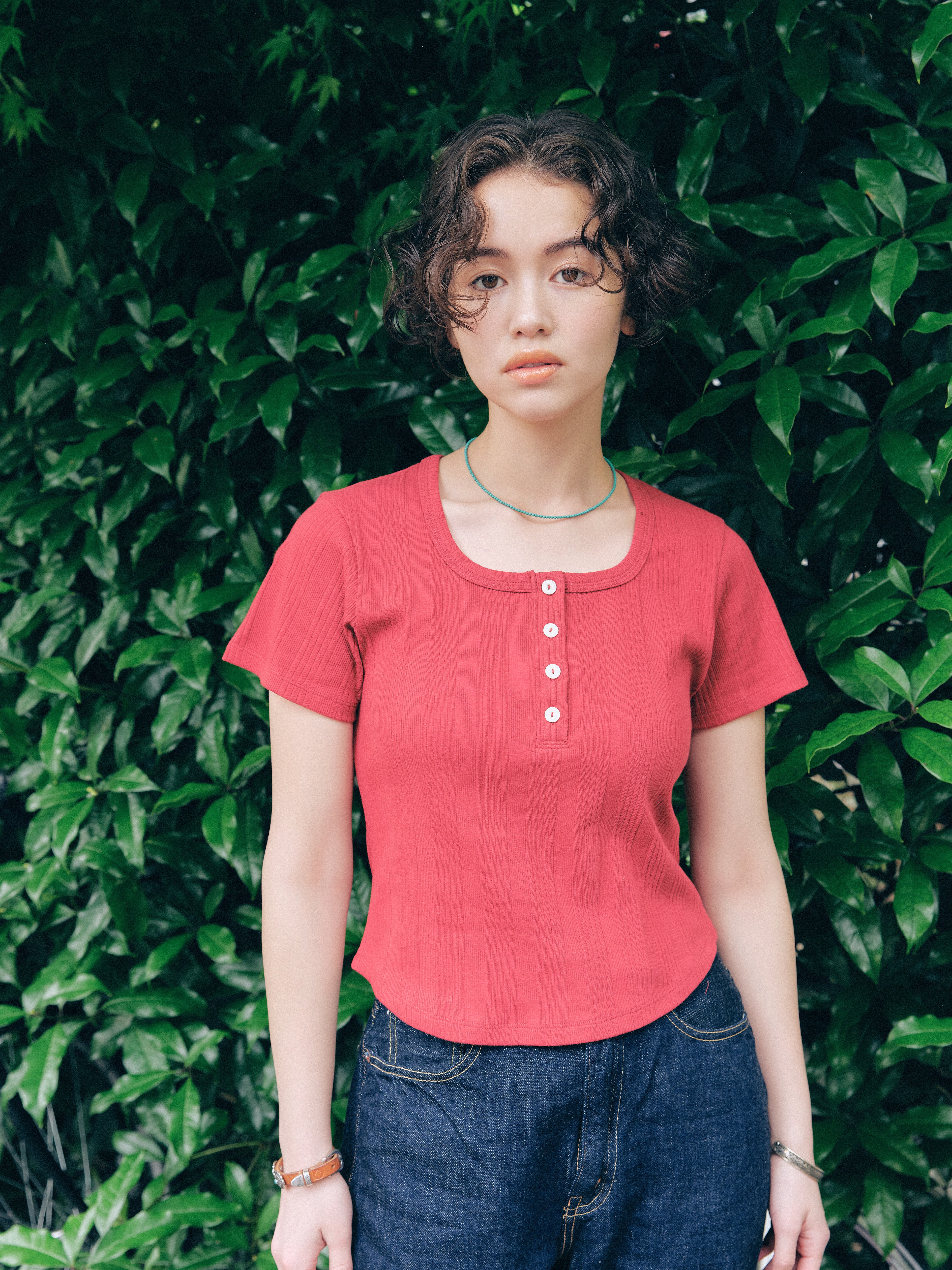 Square Henley-neck T-Shirt [Vintage red]