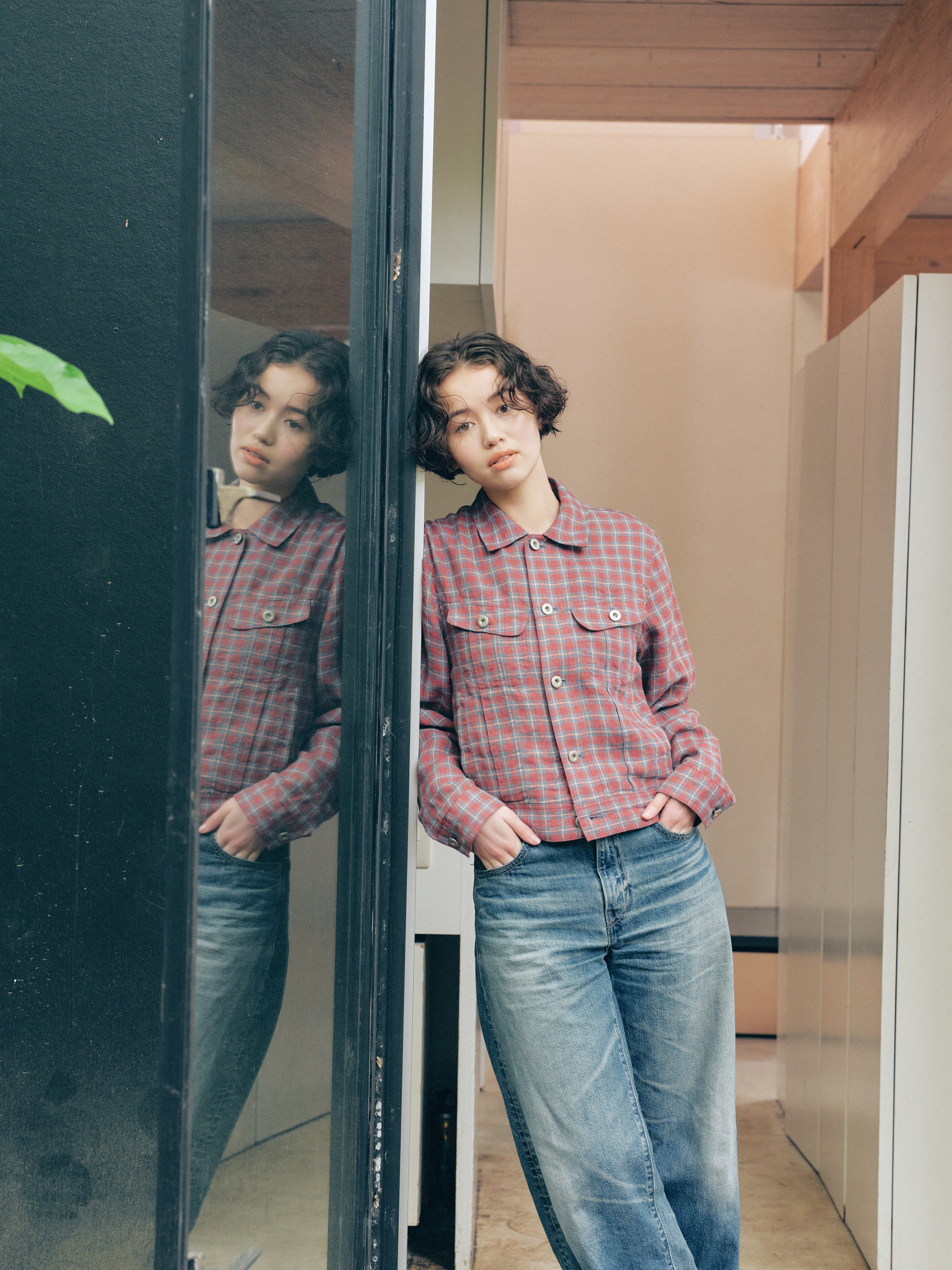 Linen Check Trucker Jacket [Vintage Red]