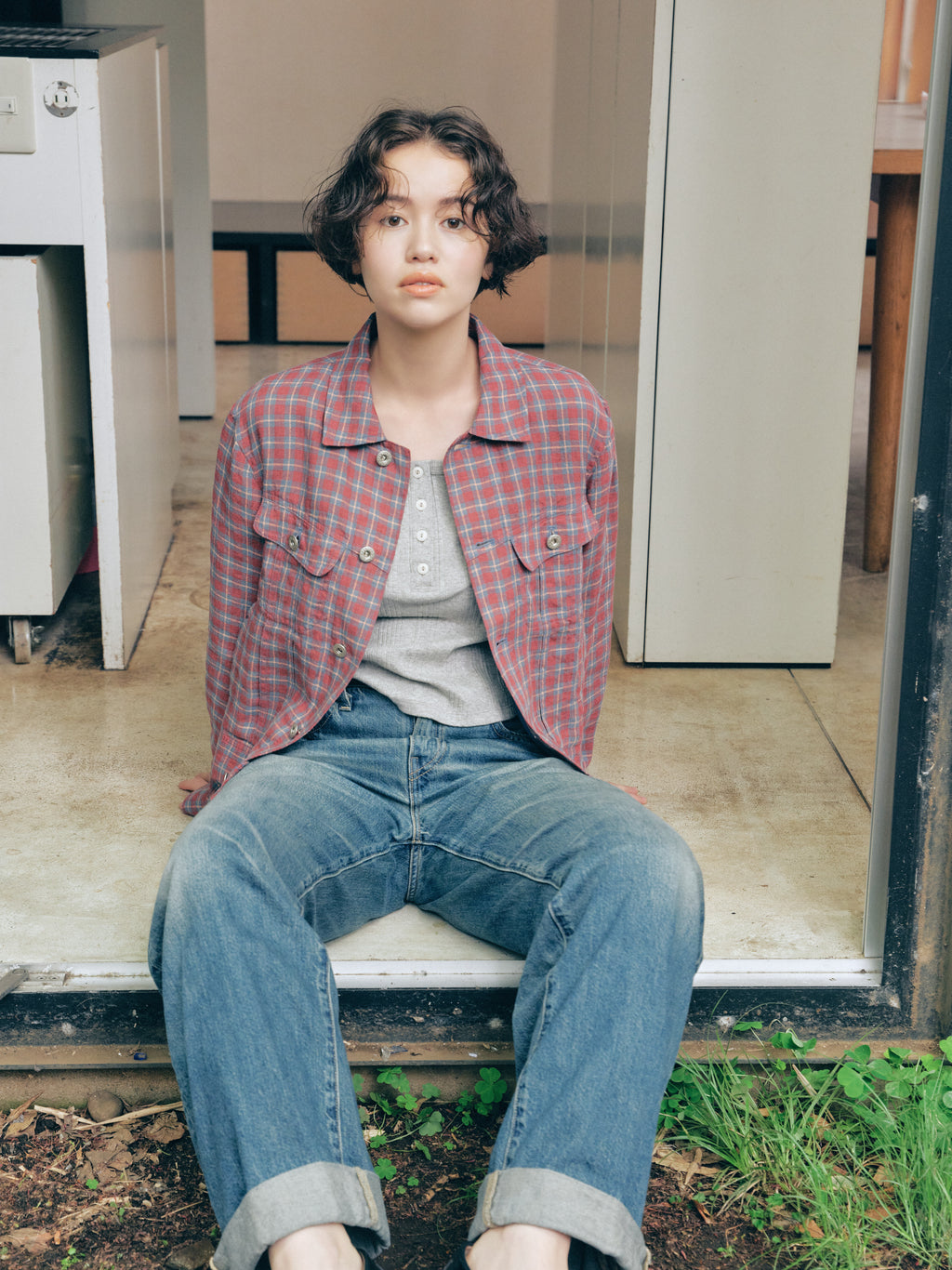 Linen Check Trucker Jacket [Vintage Red]