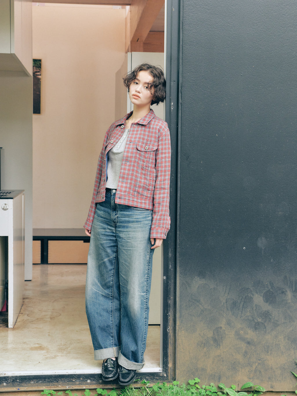 Linen Check Trucker Jacket [Vintage Red]