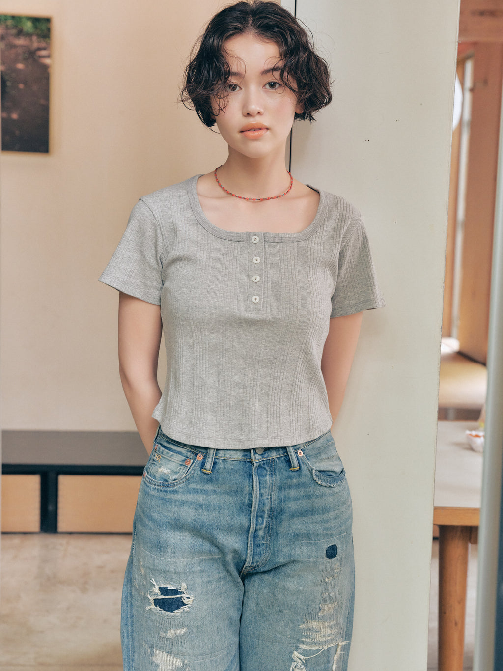 Square Henley-neck T-Shirt [Gray]
