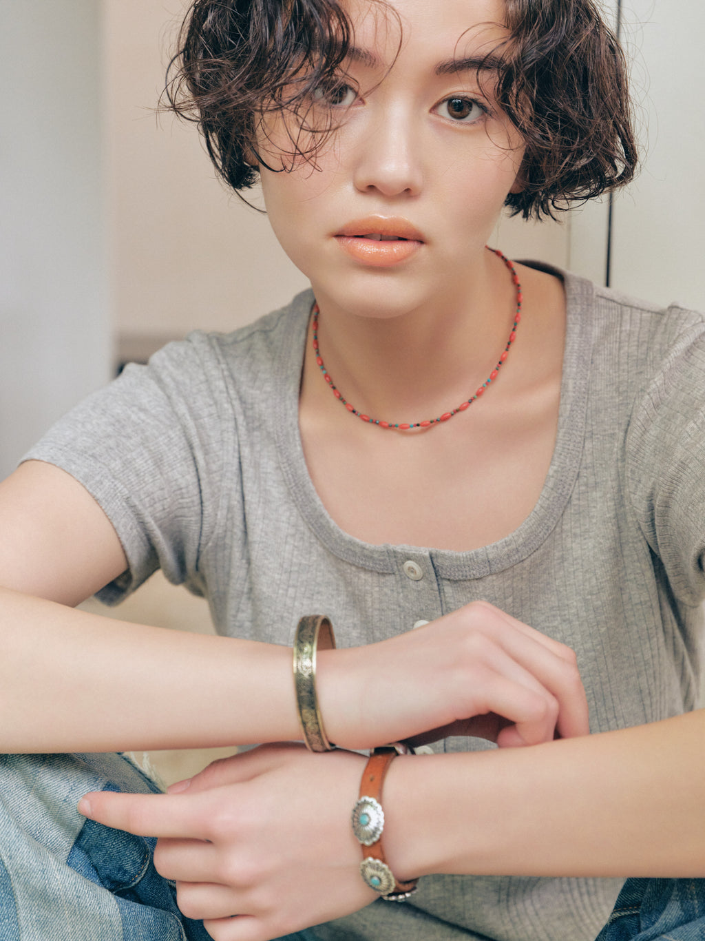 Square Henley-neck T-Shirt [Gray]