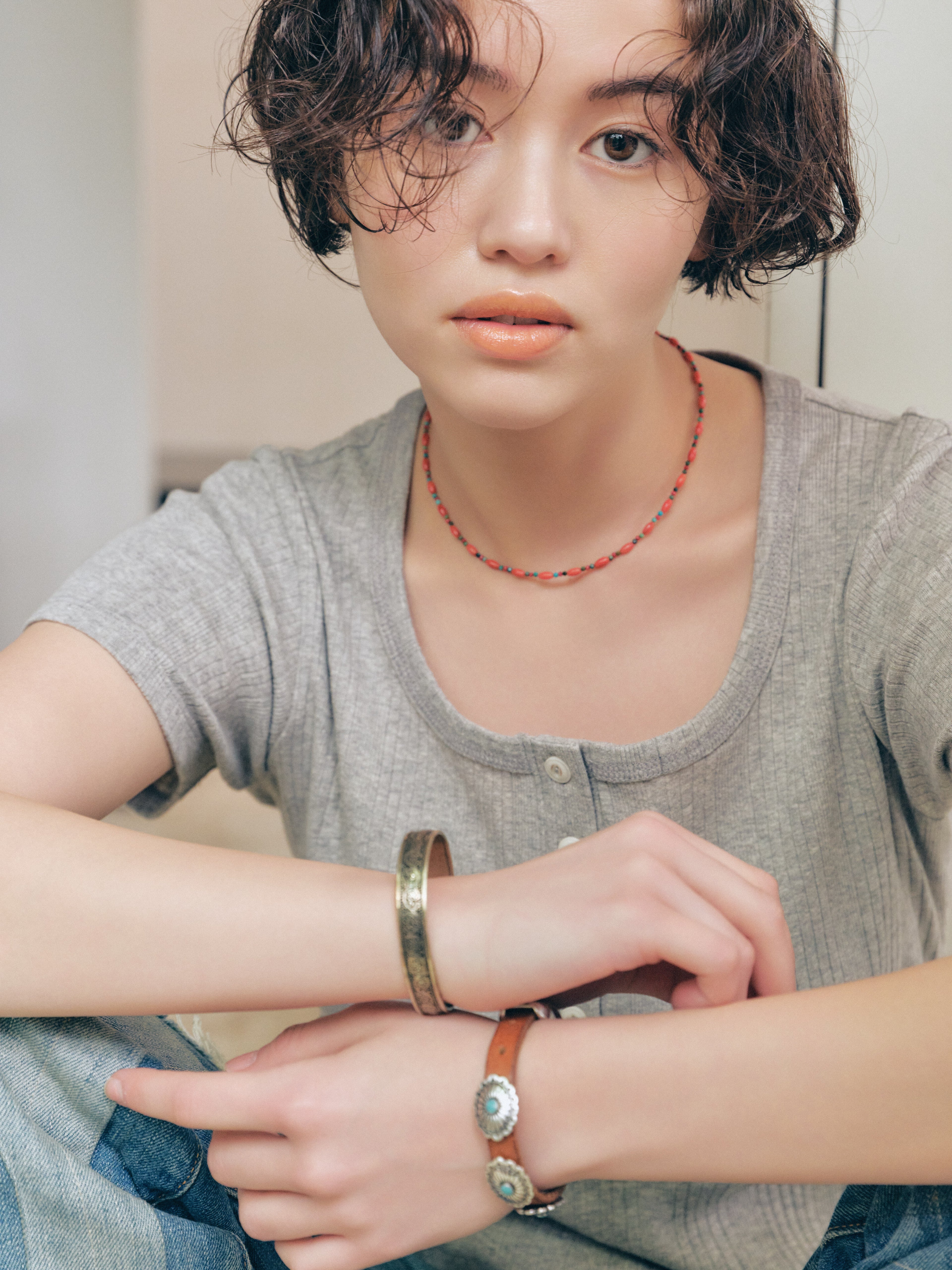 Square Henley-neck T-Shirt [Gray]