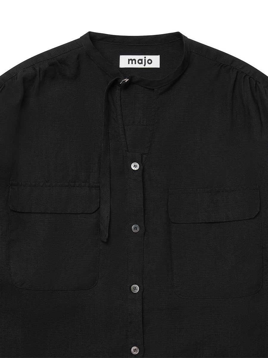 Linen Wrapped Neck Blouse [Black]