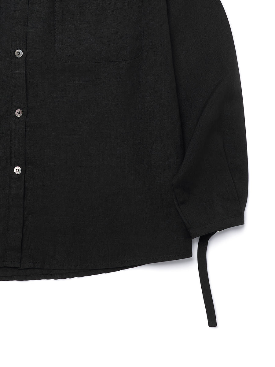 Linen Wrapped Neck Blouse [Black]