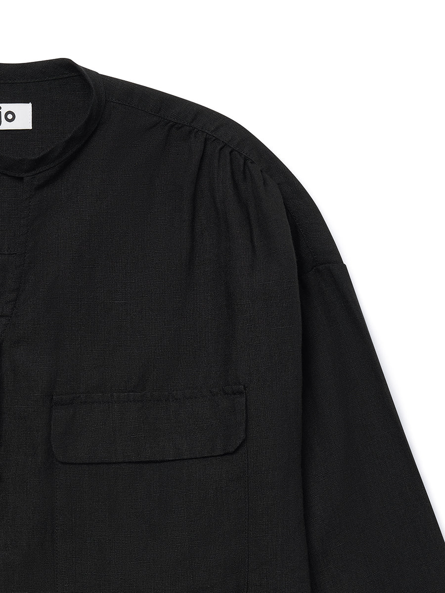 Linen Wrapped Neck Blouse [Black]